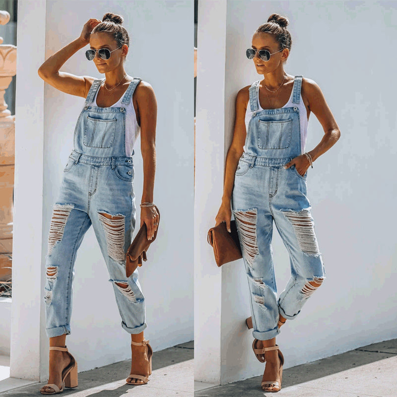 Cross-border European style women denim jumpsuit light color