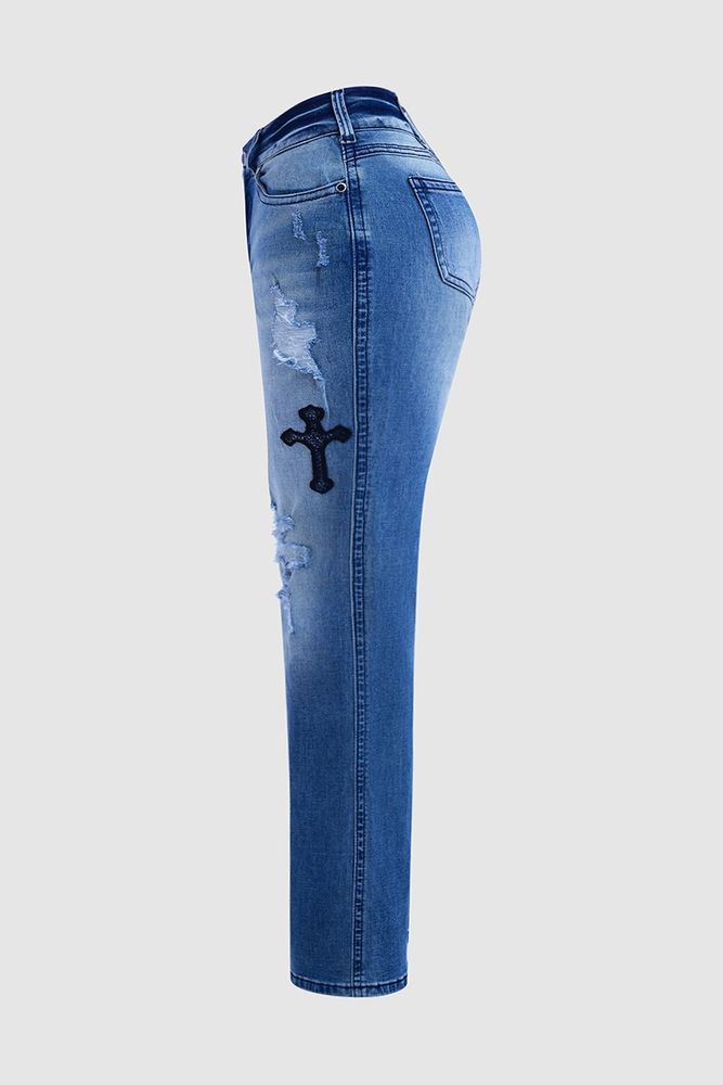 Rocker chick jeans Cross Embroidery Ripped Low Rise Bootcut Jeans