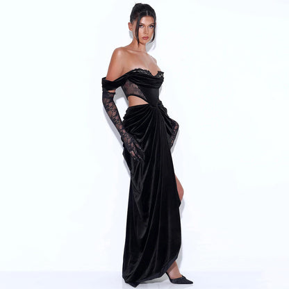 Autumn and winter women's one-shoulder lace long-sleeved canary dress sexy waist slit evening dress