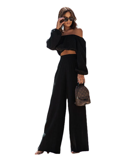New short-sleeved off-the-shoulder straight-leg pantsuit solid color commuter two-piece