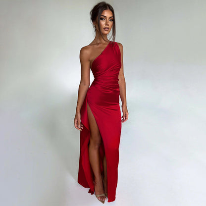 Women's sexy one-shoulder slim waist slit dress, backless evening dress