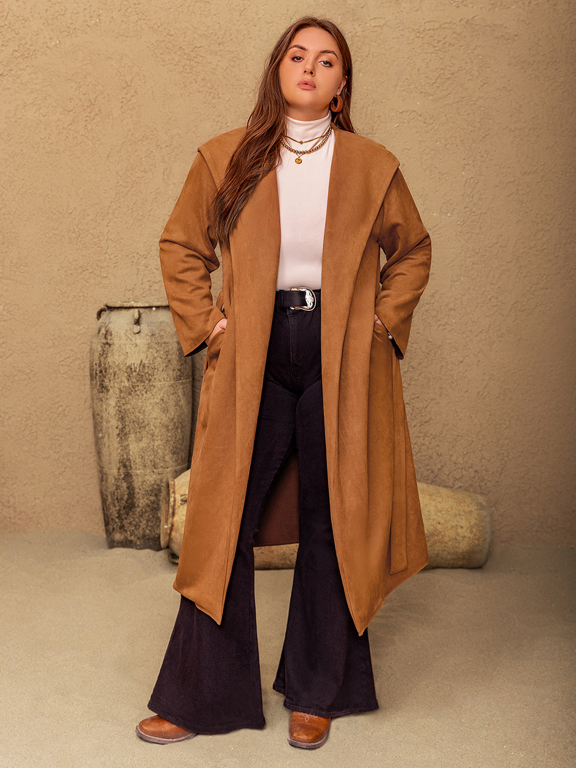 Long Sleeve Hooded Coat with Pockets plus size