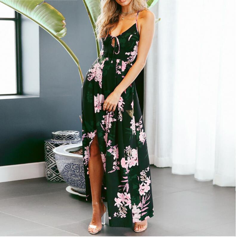 Summer Print Swing Dress Women's Bohemian halters split V-neck skirt