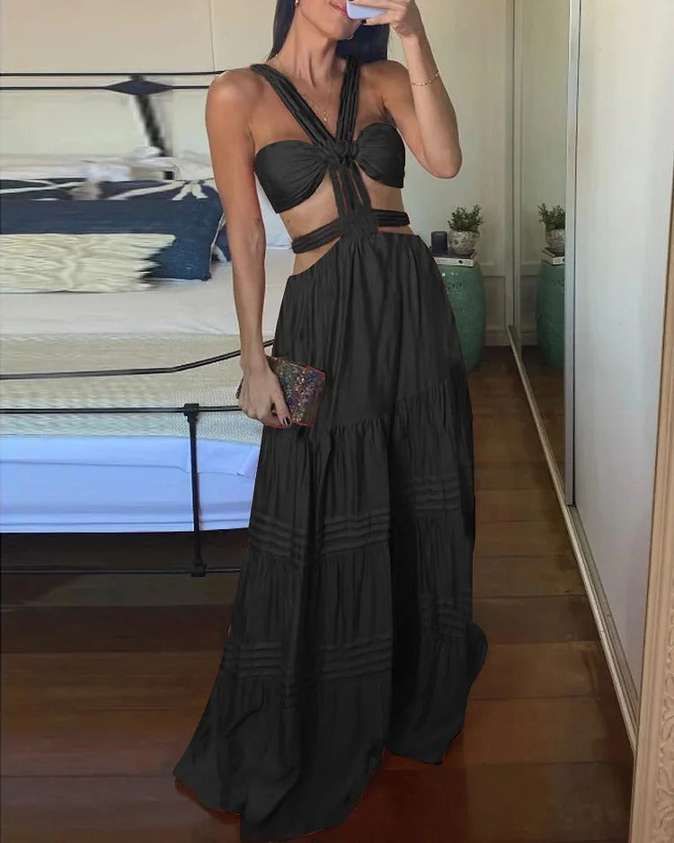 Sleeveless Halter neck solid color dress