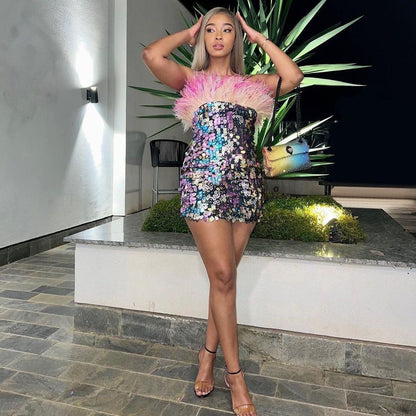 sequin feather strapless small dress