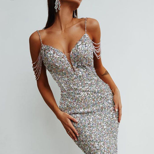 The new summer Europe  halter V-neck colorful sequins fashion hot girls wear a dress with irregular hips