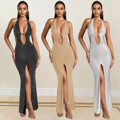Sleeveless. plunging neck rhinestone split dress