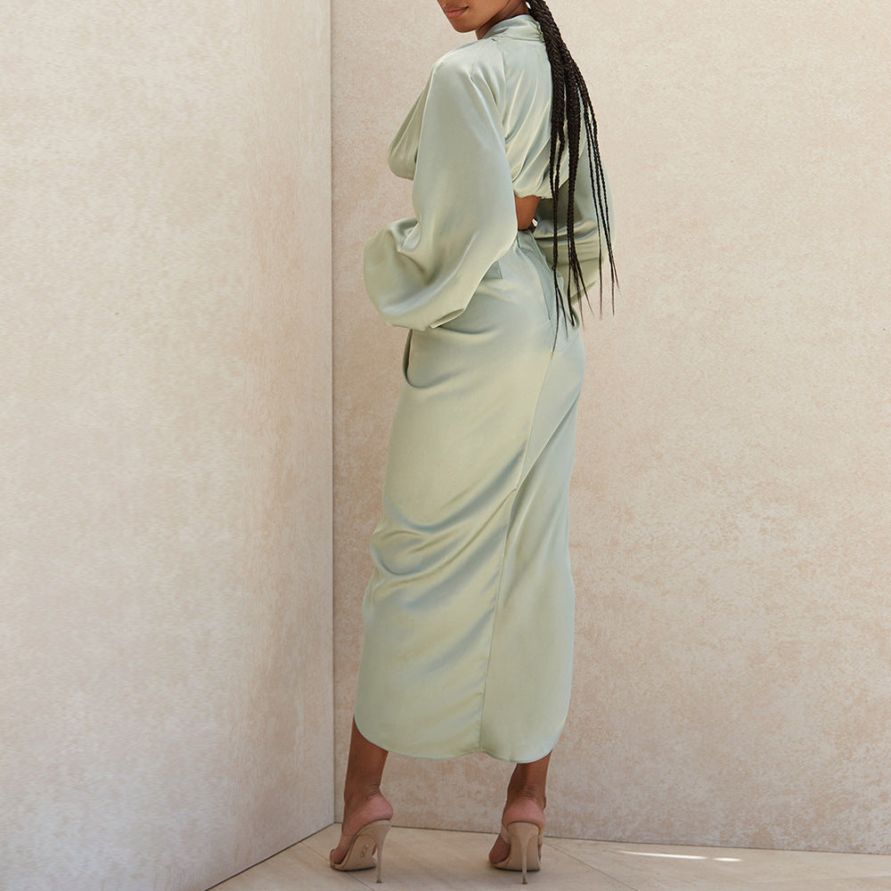 Long sleeve deep V crop top high slit skirt set - satin dress