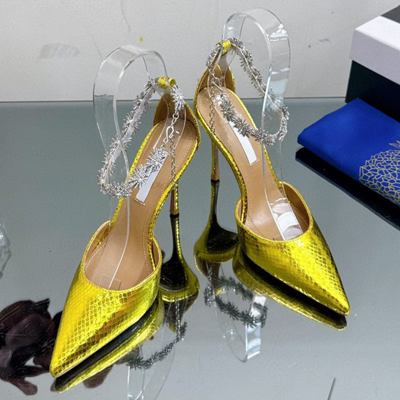 Spring and summer new satin pointy high heels with hollow line with diamond chain fashion women's sandals