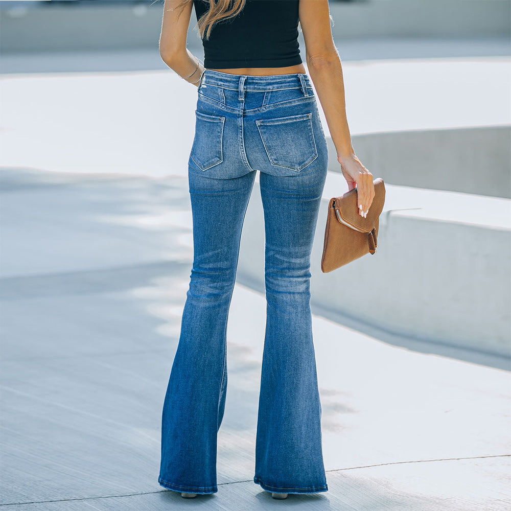 New stretch slim-fit patchwork flared denim pants woman