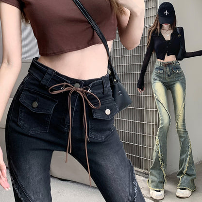 micro cropped denim, high-waisted stretch flared pants