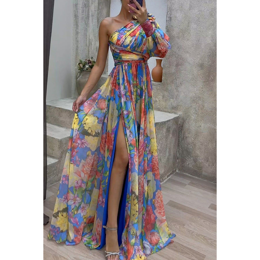 Party new casual split dress loose multi-color oblique shoulder dress
