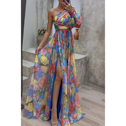 Party new casual split dress loose multi-color oblique shoulder dress