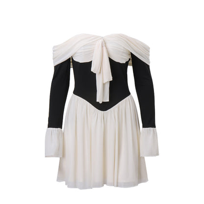 Wind sexy one-line collar waist off-the-shoulder autumn and winter new fashion color matching Spice girl flared sleeve dress