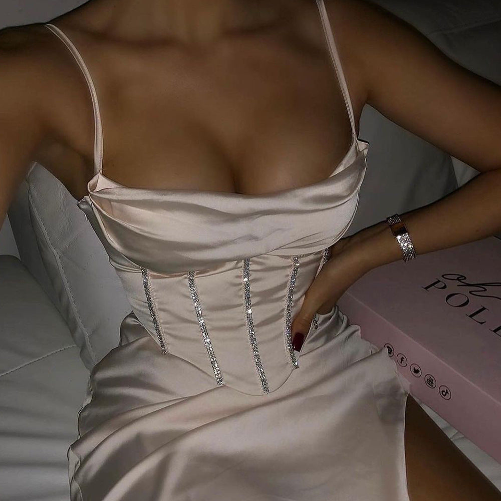 Sexy slim diamond set with fishbone halter irregular slit nightclub style dress for women