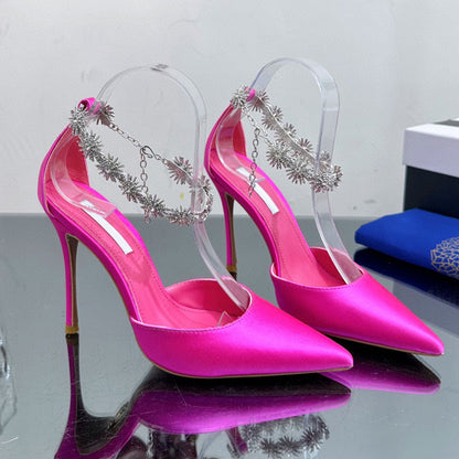 Spring and summer new satin pointy high heels with hollow line with diamond chain fashion women's sandals