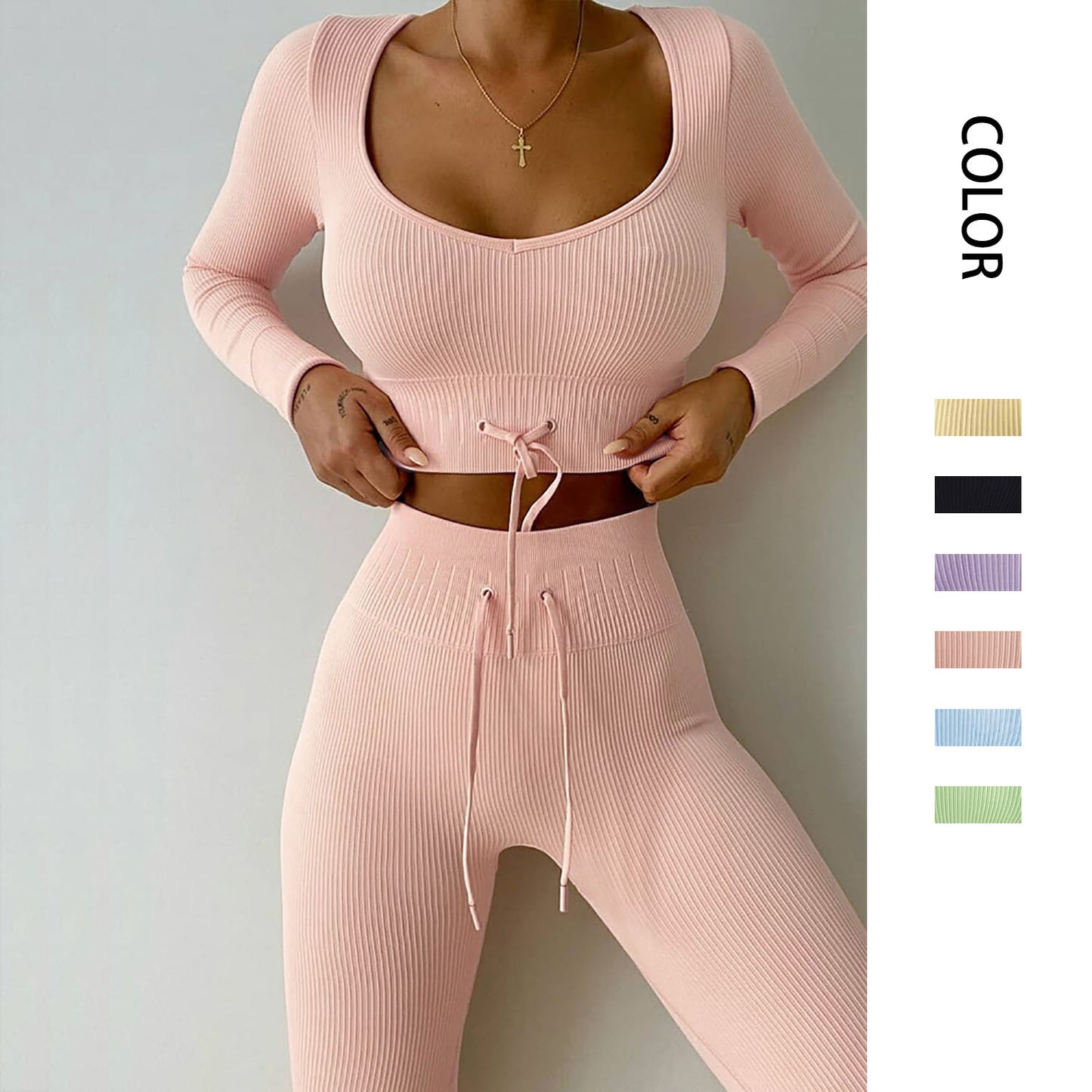 seamless knit long sleeve sports fitness set Outdoor waist strap yoga wear set