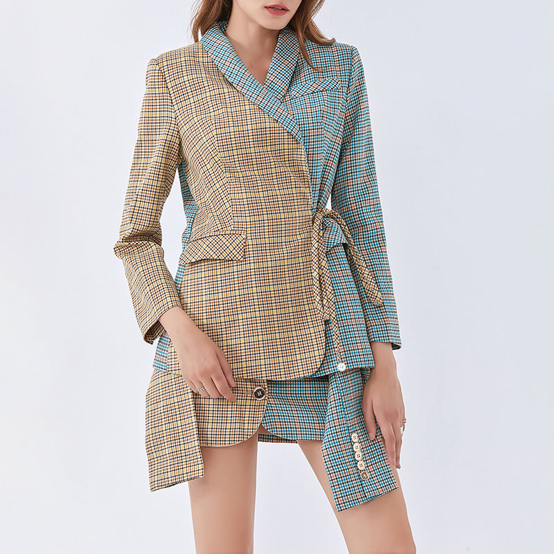 Women's new fashion age reduction color plaid lace-up small skirt casual women's suit