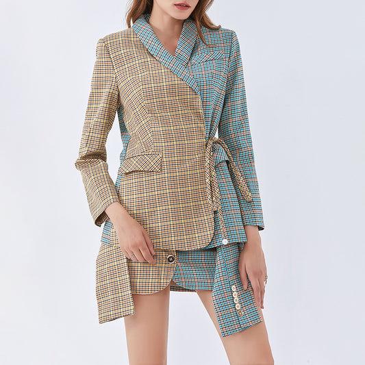 Women's new fashion age reduction color plaid lace-up small skirt casual women's suit