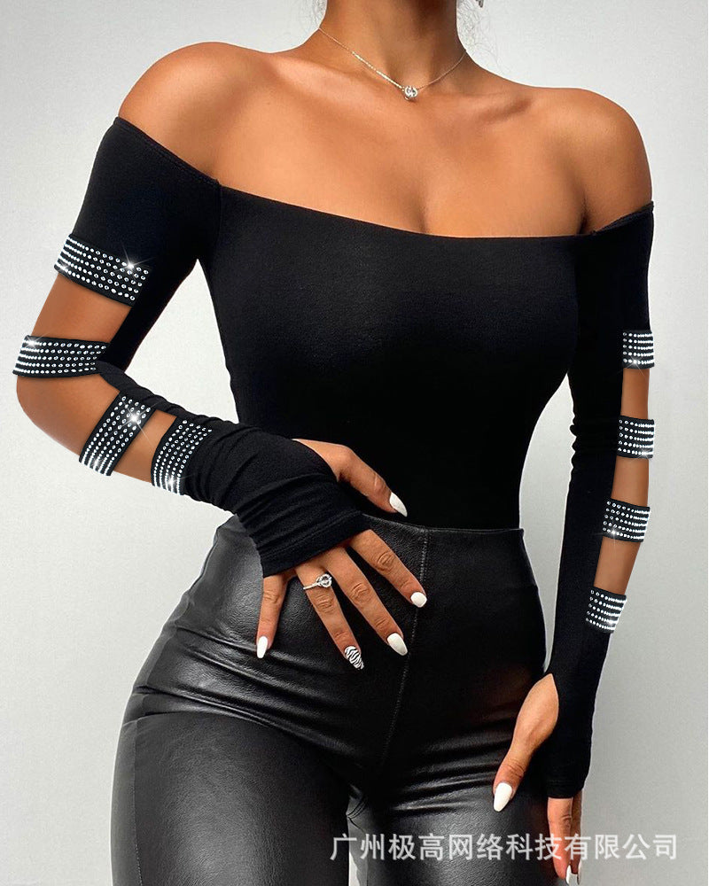 Women's new lace patchwork off-the-shoulder slim-fit top