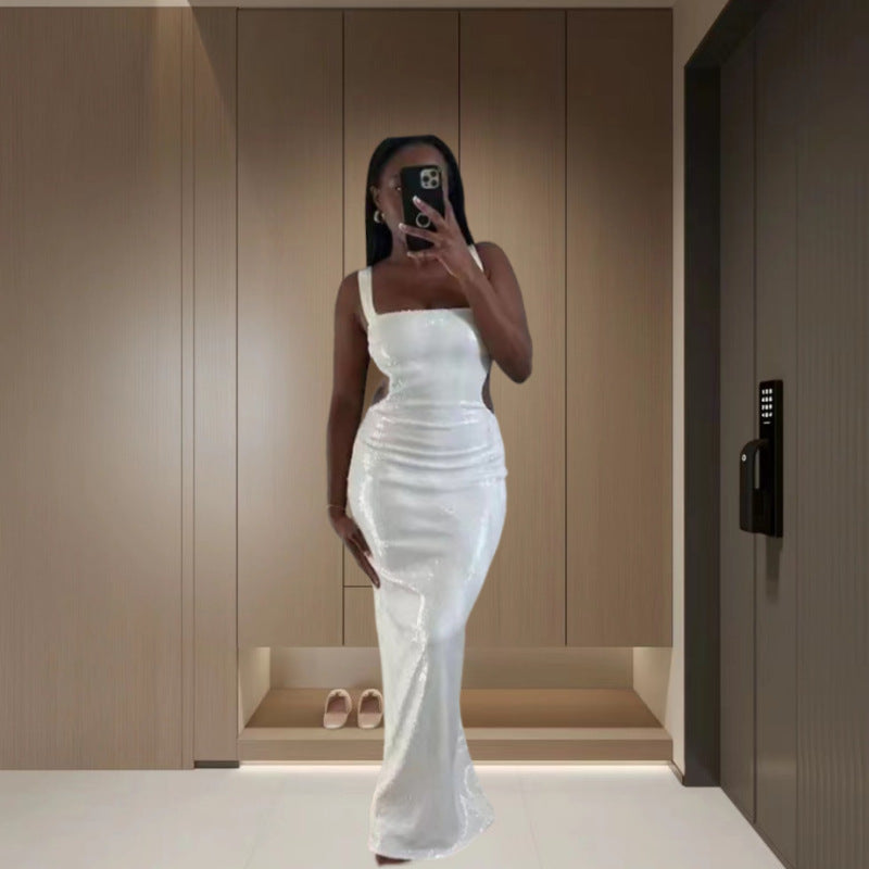 New women's fashion sleeveless sequin halter dress