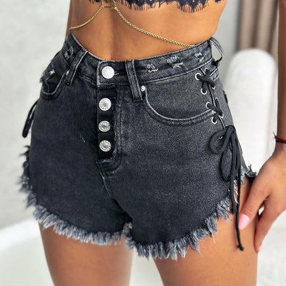 High-waisted lace-up design slim-fit, jeans shorts
