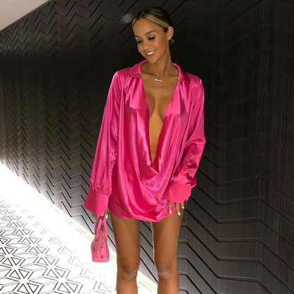 Women's color Ding sexy deep V shirt package hip sexy dress nightclub dress