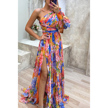Party new casual split dress loose multi-color oblique shoulder dress