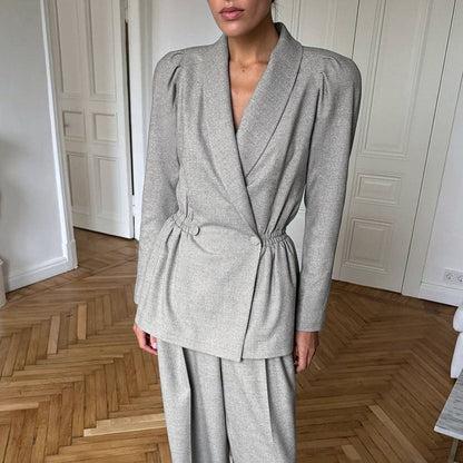 Stylish retro casual suit Sexy puffed sleeve suit top high-waisted pants two-piece commute