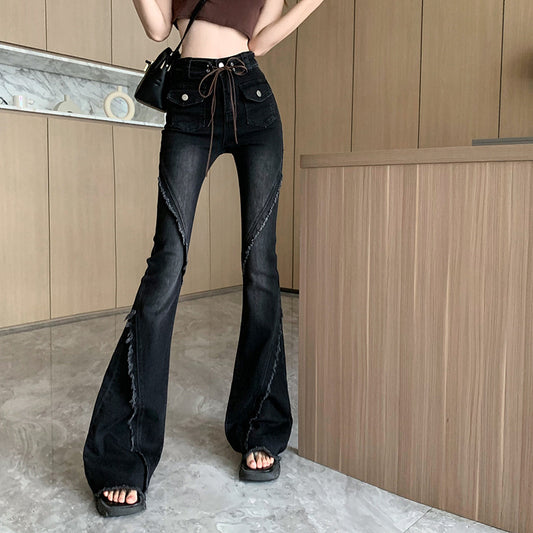 Real shot American retro furred lace strap micro cropped denim pants female 2024 new high-waisted stretch flared pants