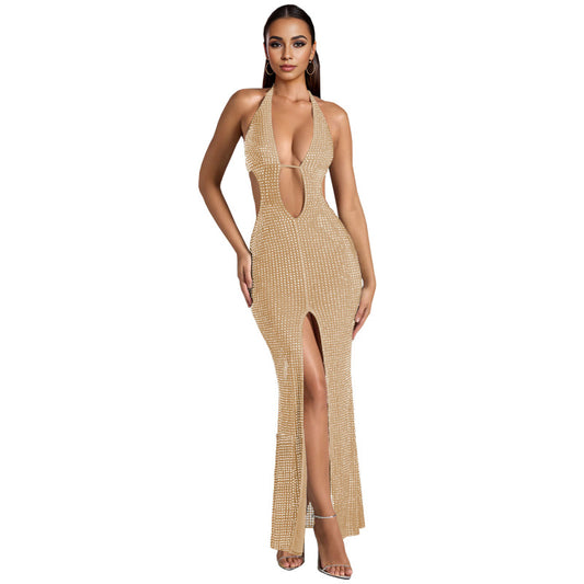 Sleeveless. plunging neck rhinestone split dress