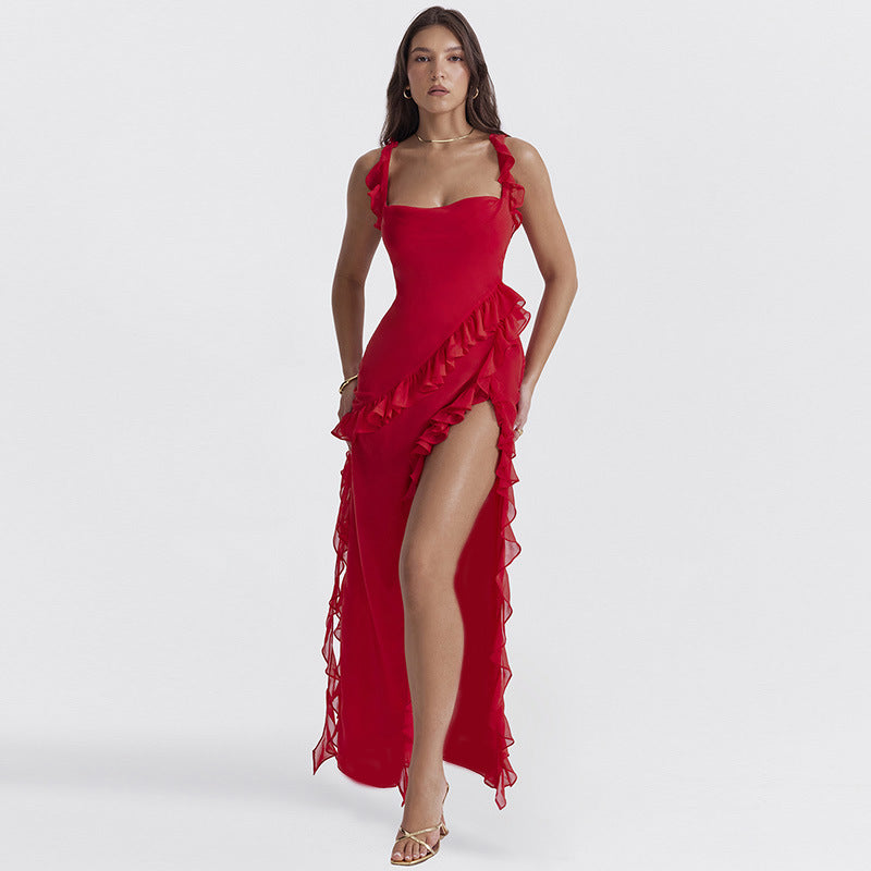 YL23246 Spring new style slim high split ribbon sexy halter dress female