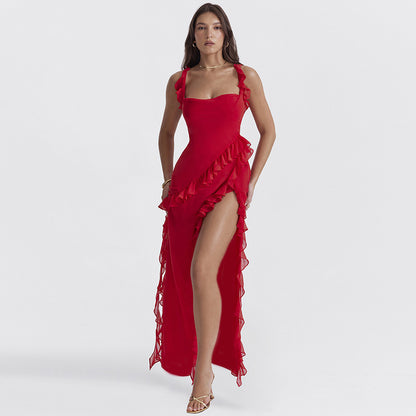YL23246 Spring new style slim high split ribbon sexy halter dress female