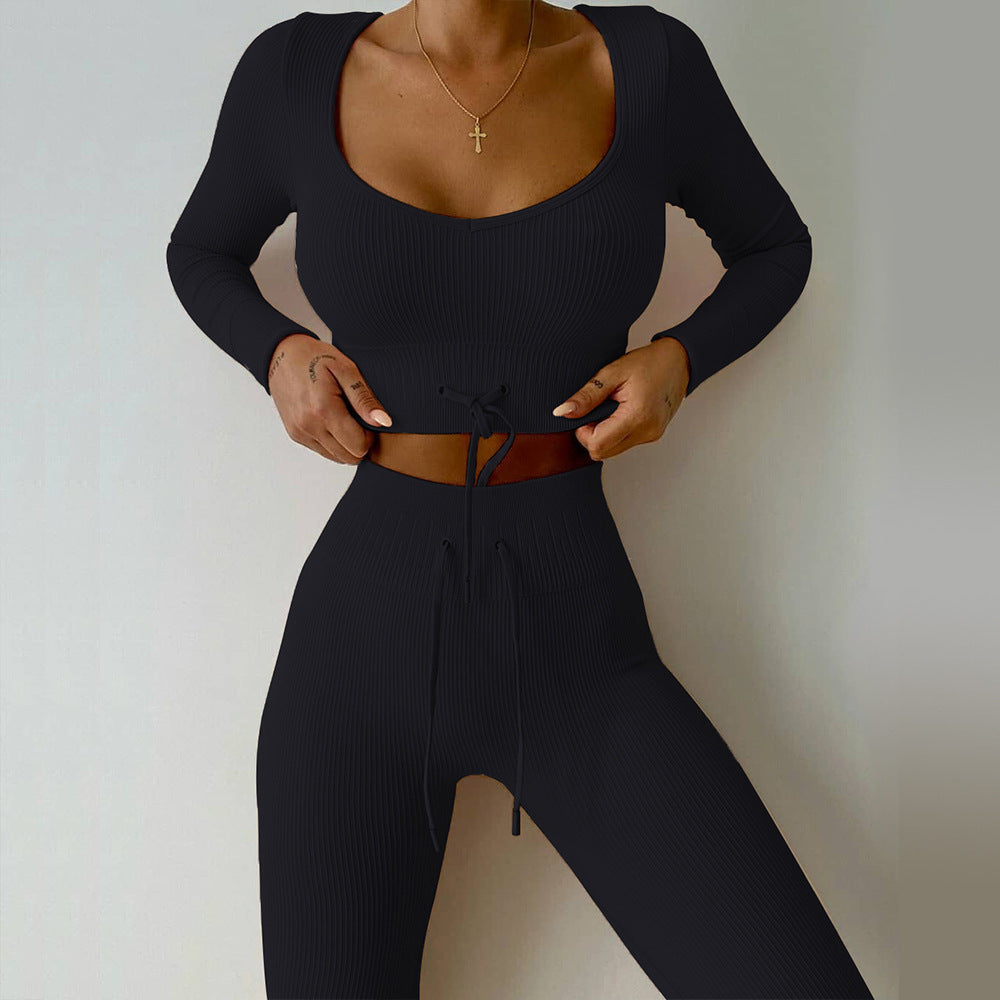 seamless knit long sleeve sports fitness set Outdoor waist strap yoga wear set