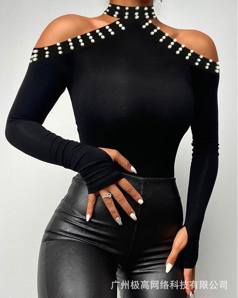 Women's new lace patchwork off-the-shoulder slim-fit top