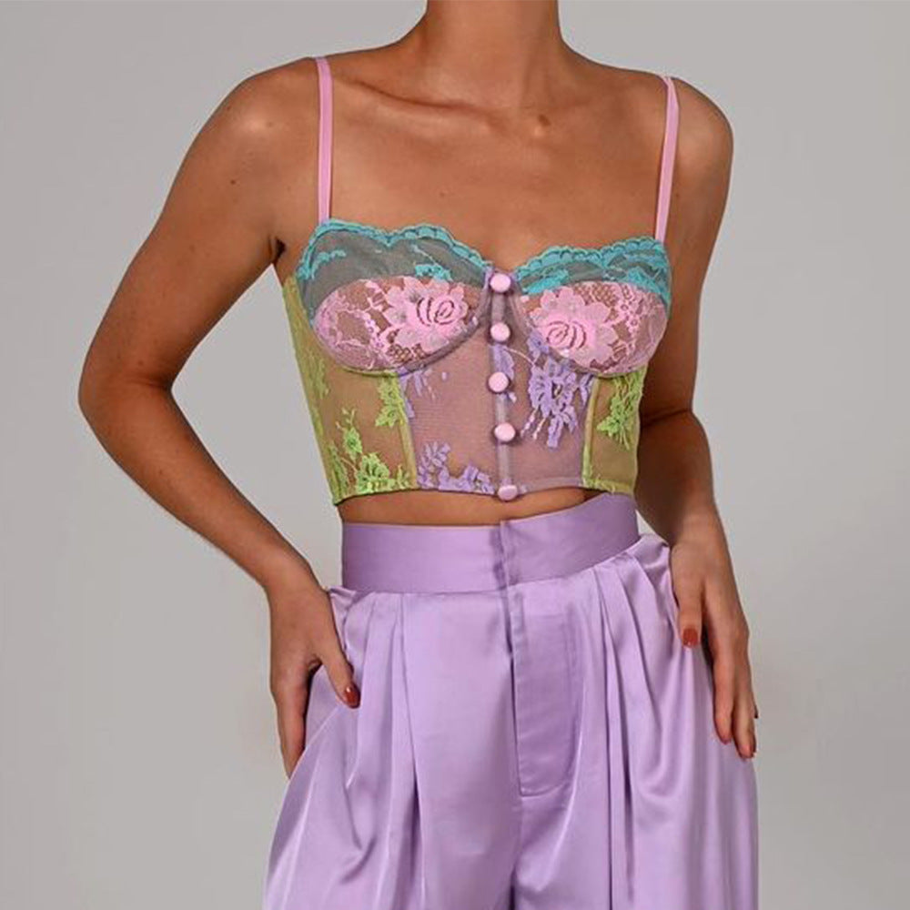Contrasting color perspective lace embroidered fishbone wrapped chest irregular halter vest party top