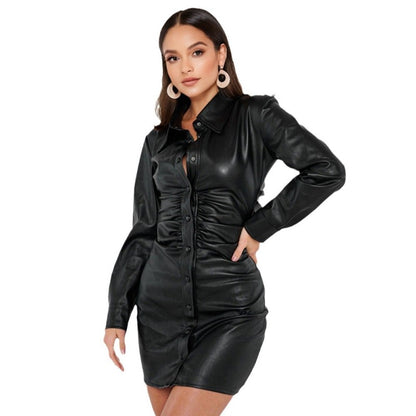 Autumn and winter new women's pleated slim single-ed high-quality soft leather long-sleeved dress