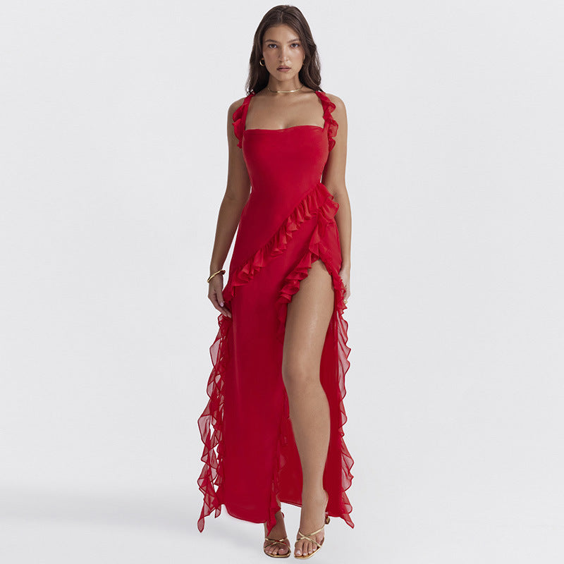 Spring new fashion Hottie slim high split ribbon sexy halter dress woman