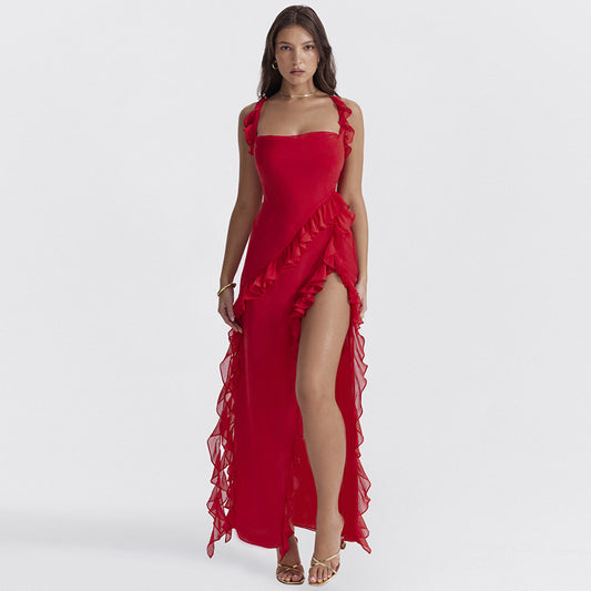 Spring new fashion Hottie slim high split ribbon sexy halter dress woman