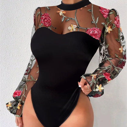 Mesh fabric patchwork bodysuit