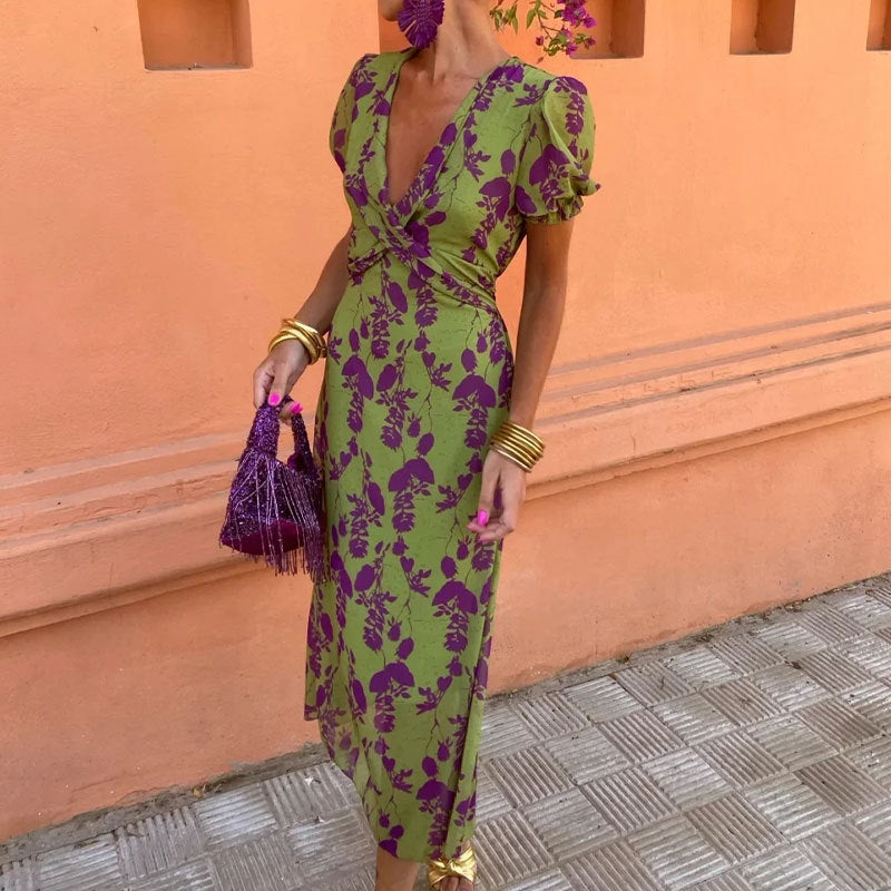 Women's fashion color printed long dress elegant slim V-neck short-sleeve