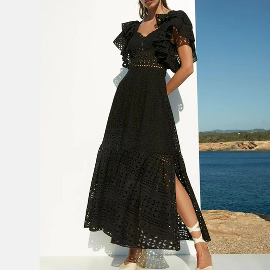 Hepburn style skirt, crocheted lace square collar flying sleeve long slit dress
