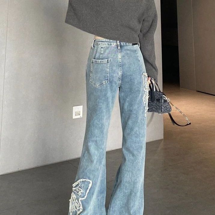 Vintage micro cut jeans women's spring summer embroidery butterfly high waist slimming straight leg pants