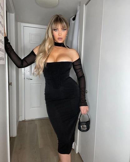 Women's gauze sexy hollow hanging neck fish bone sheath buttock sheath dress