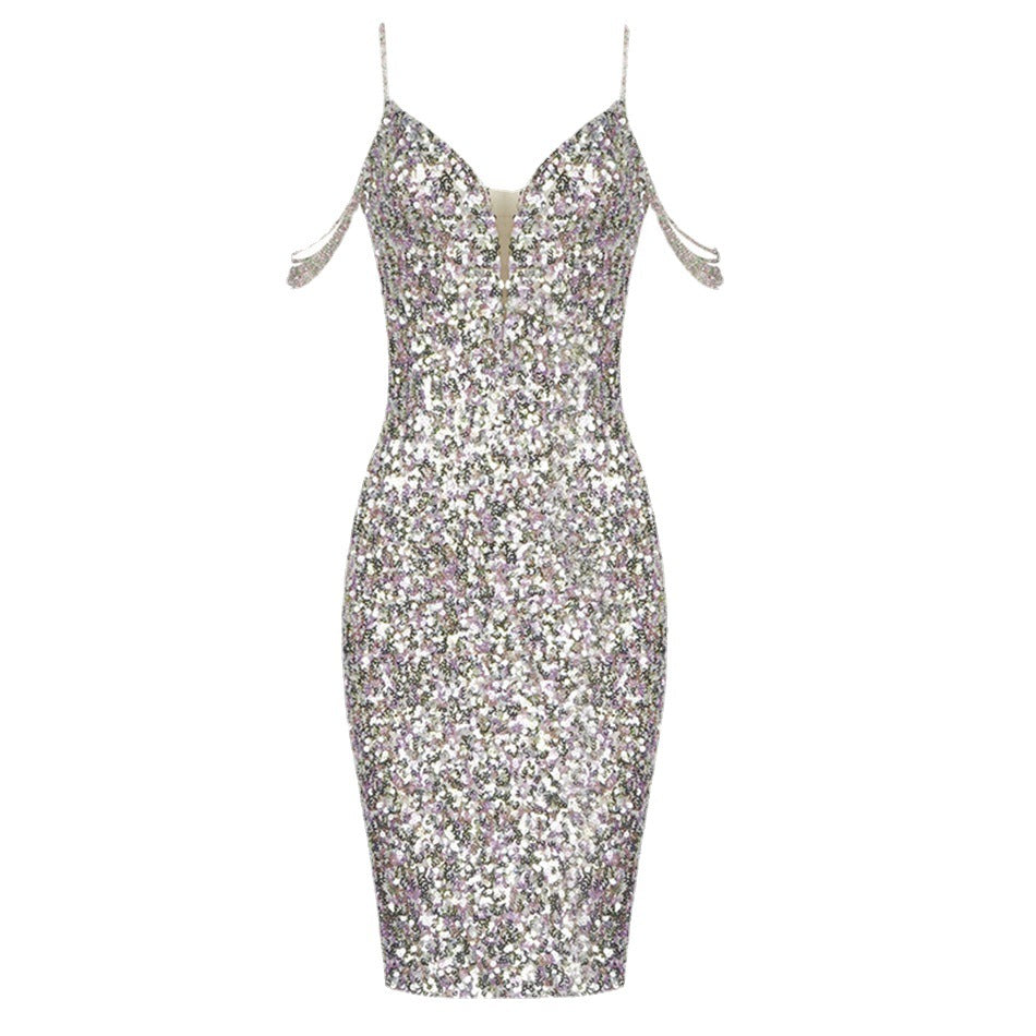 The new summer Europe  halter V-neck colorful sequins fashion hot girls wear a dress with irregular hips