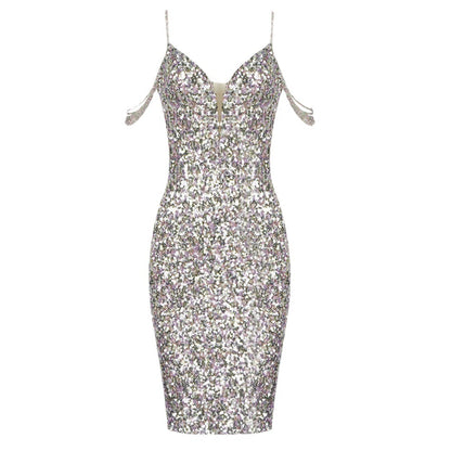 The new summer Europe  halter V-neck colorful sequins fashion hot girls wear a dress with irregular hips