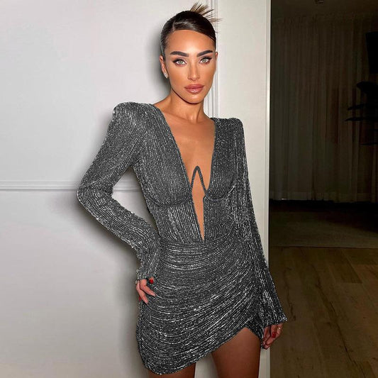 Fashion new sexy spice girl dress deep V underwire display chest pad shoulder pleated long sleeve bag hip skirt women