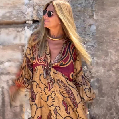 Summer new V-neck fashion print long-sleeved loose dress for women