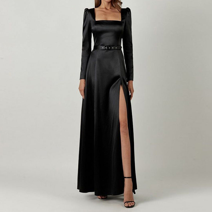 Satin square collar puffed sleeve black slit waist dress