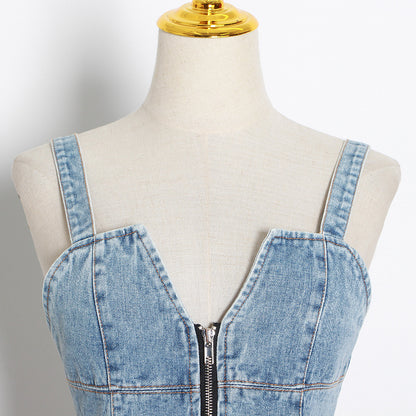 Spring new niche design sense color matching denim waist slimming waistcoat halter top